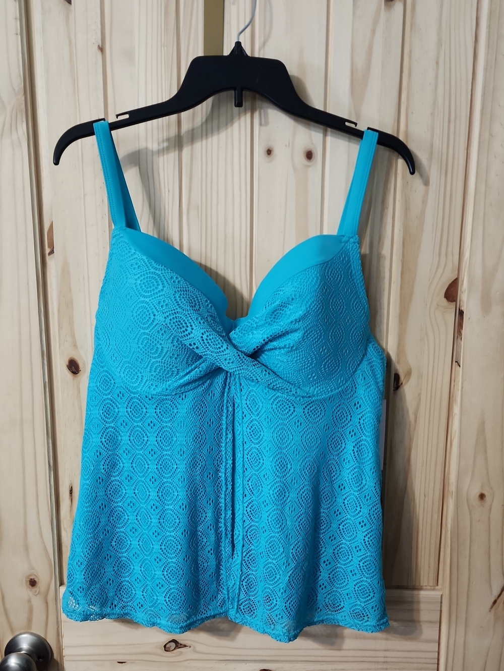 Swimsuits For All Turquoise Lace-Trim Tankini Top Twist Front Underwire Cups 16